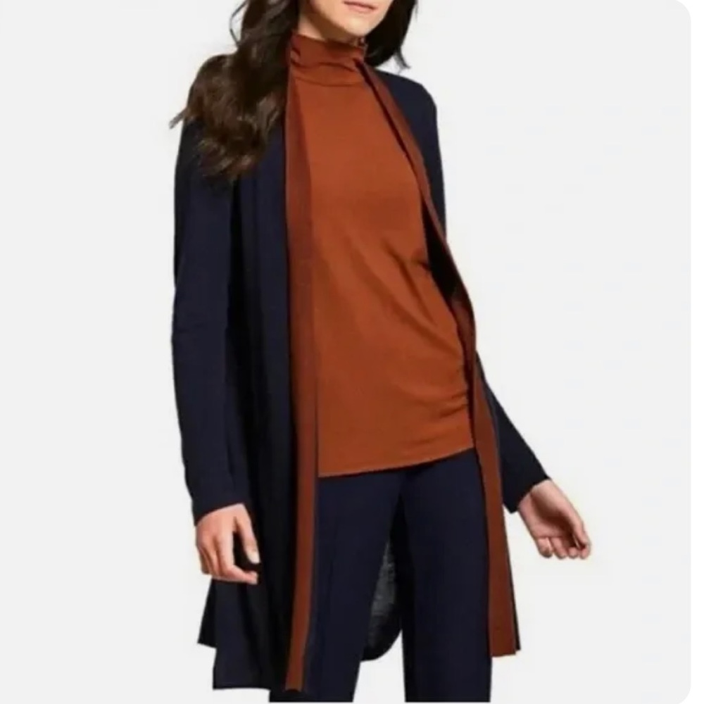 EILEEN FISHER Navy Blue Brown Trim Tencel Silk Knit Open Long Cardigan L - Picture 3 of 9